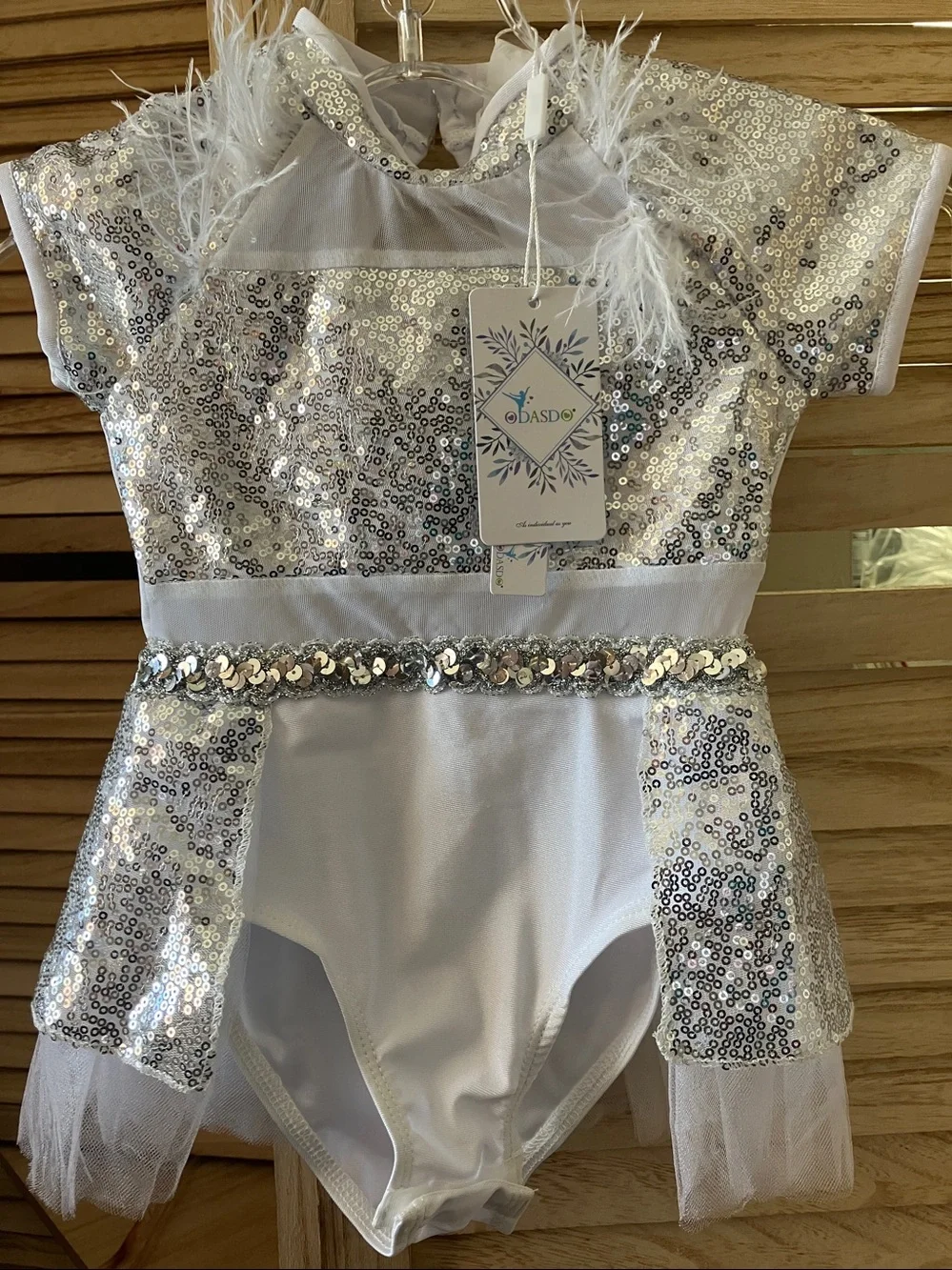 Silver Sequin Kids' Dance Costume with Feather Trim 3-4 years NWT